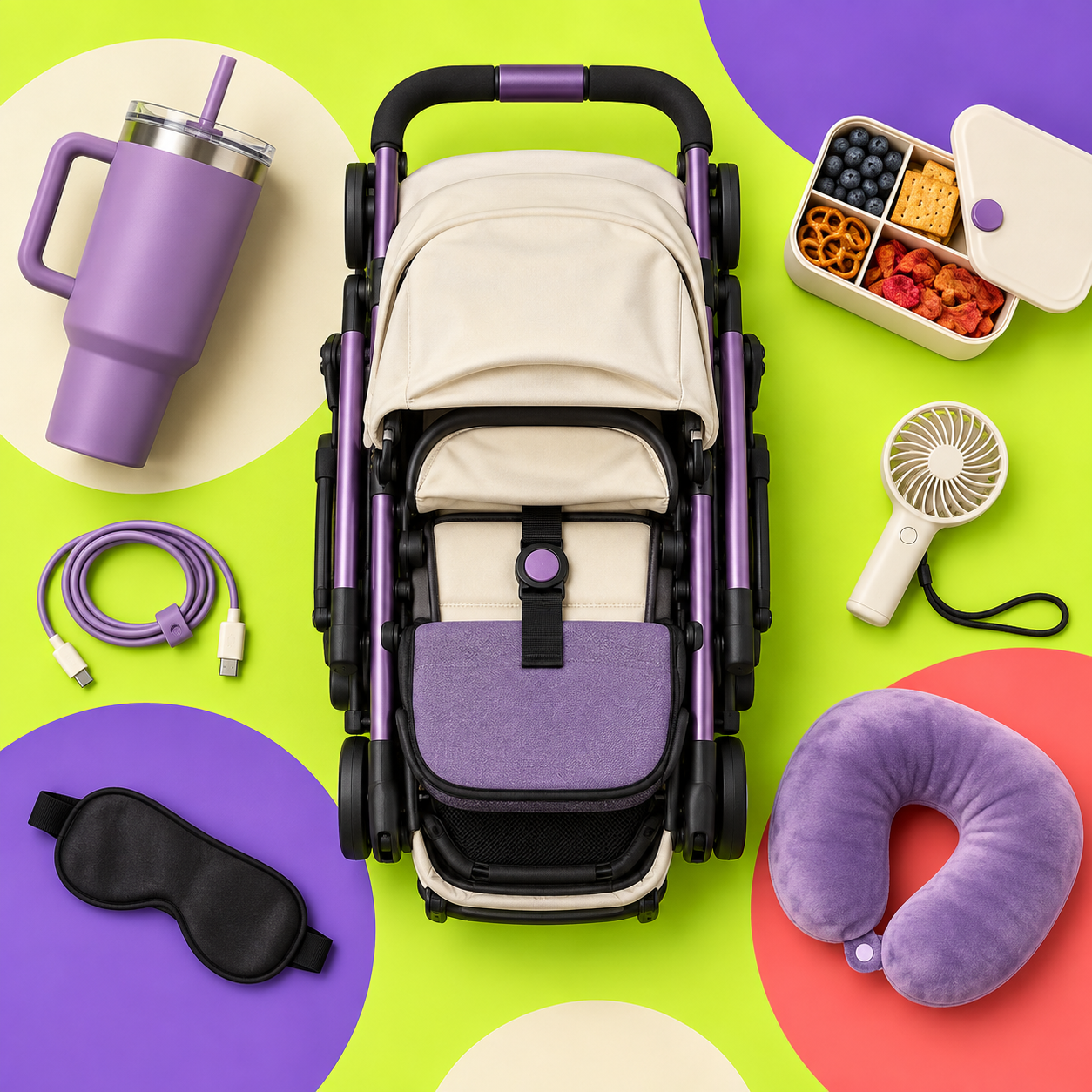 Top-down arrangement of a folded stroller and colorful lazy-parent accessories
