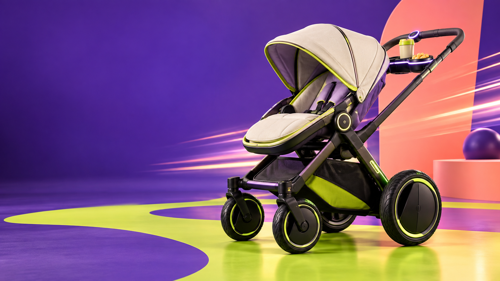 Cream, violet, and lime ZOOMI Glide concept stroller on a vivid studio set