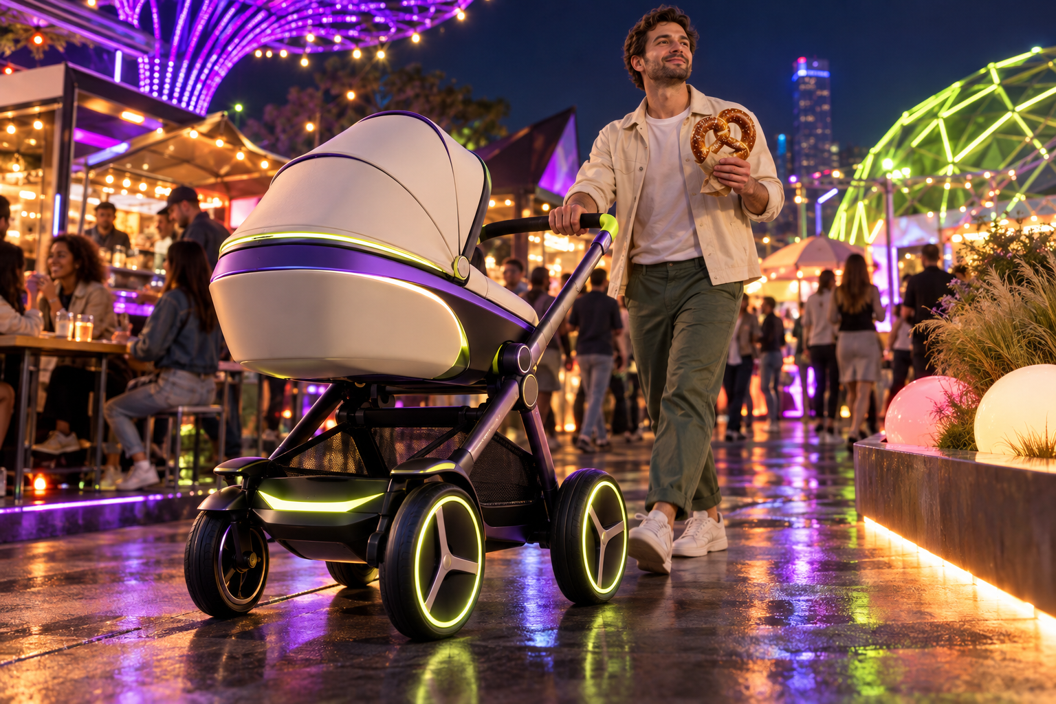 Parent walking beside the ZOOMI concept stroller at a colorful night market